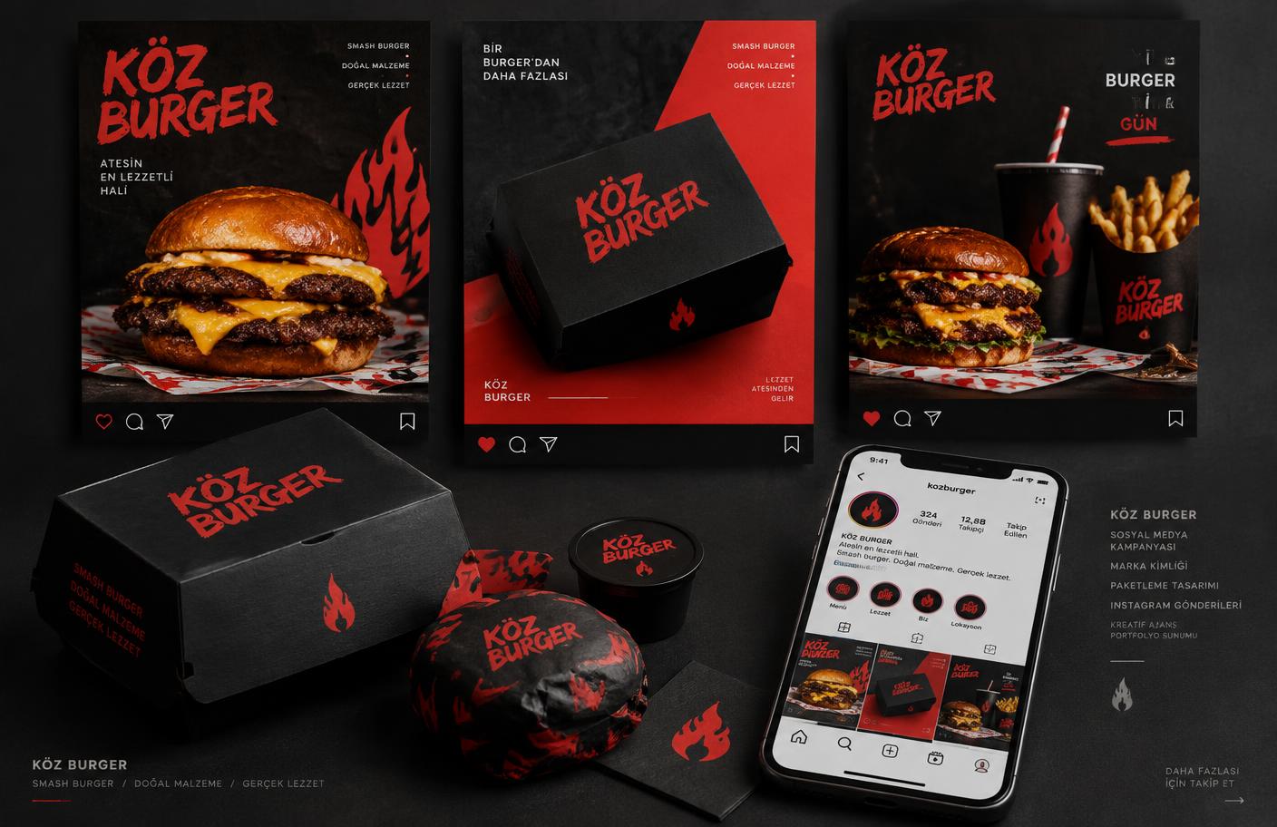 Köz Burger sosyal medya ve marka tasarımı konsepti