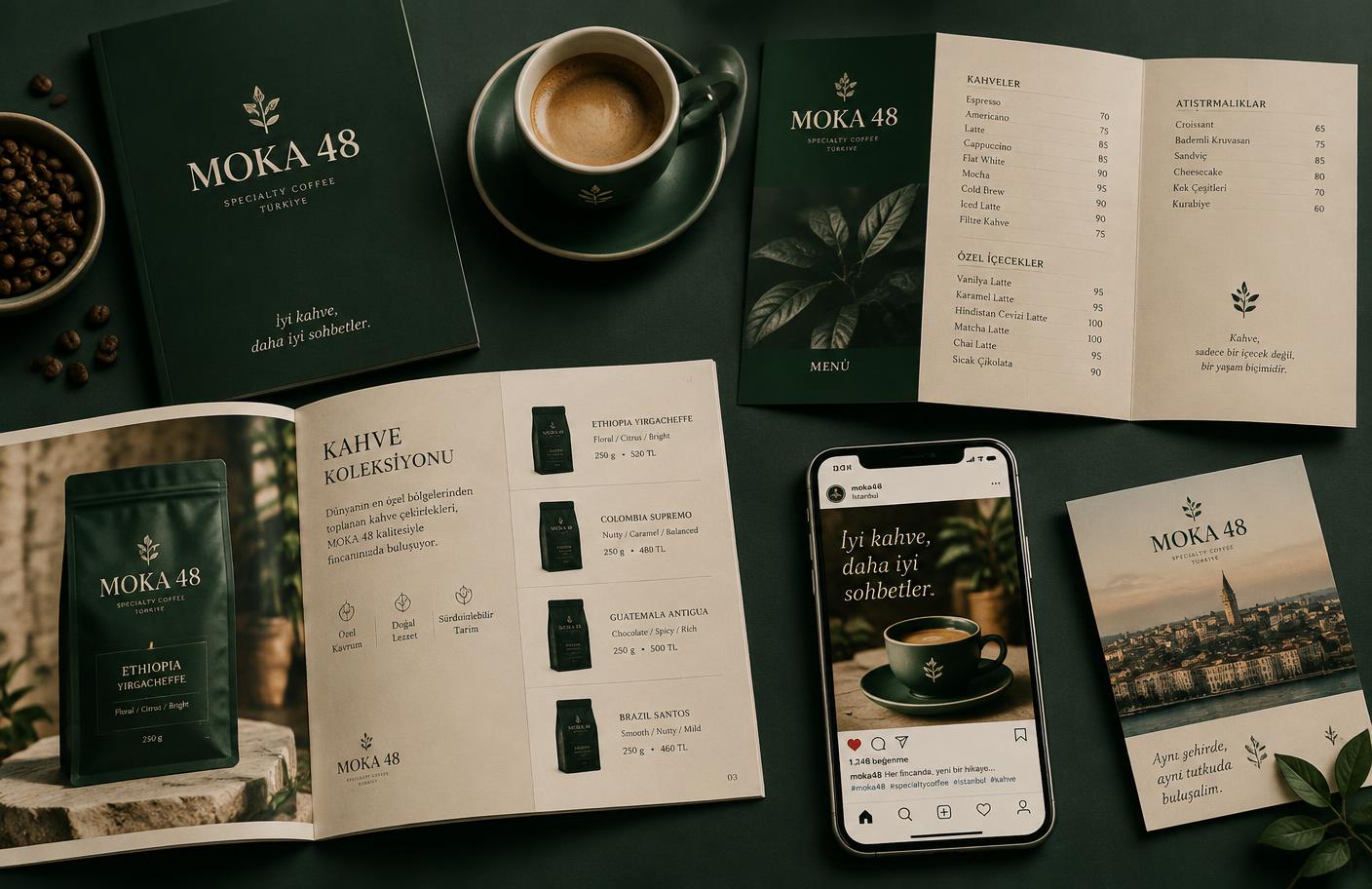 Moka 48 kafe kataloğu ve menü tasarımı konsepti